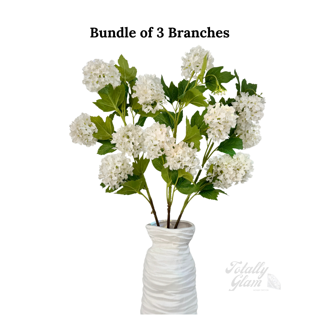 Evie Faux Snowball Hydrangea Spray, 30” White Artificial Flower Stems Set of 3 Realistic Silk Floral Decor