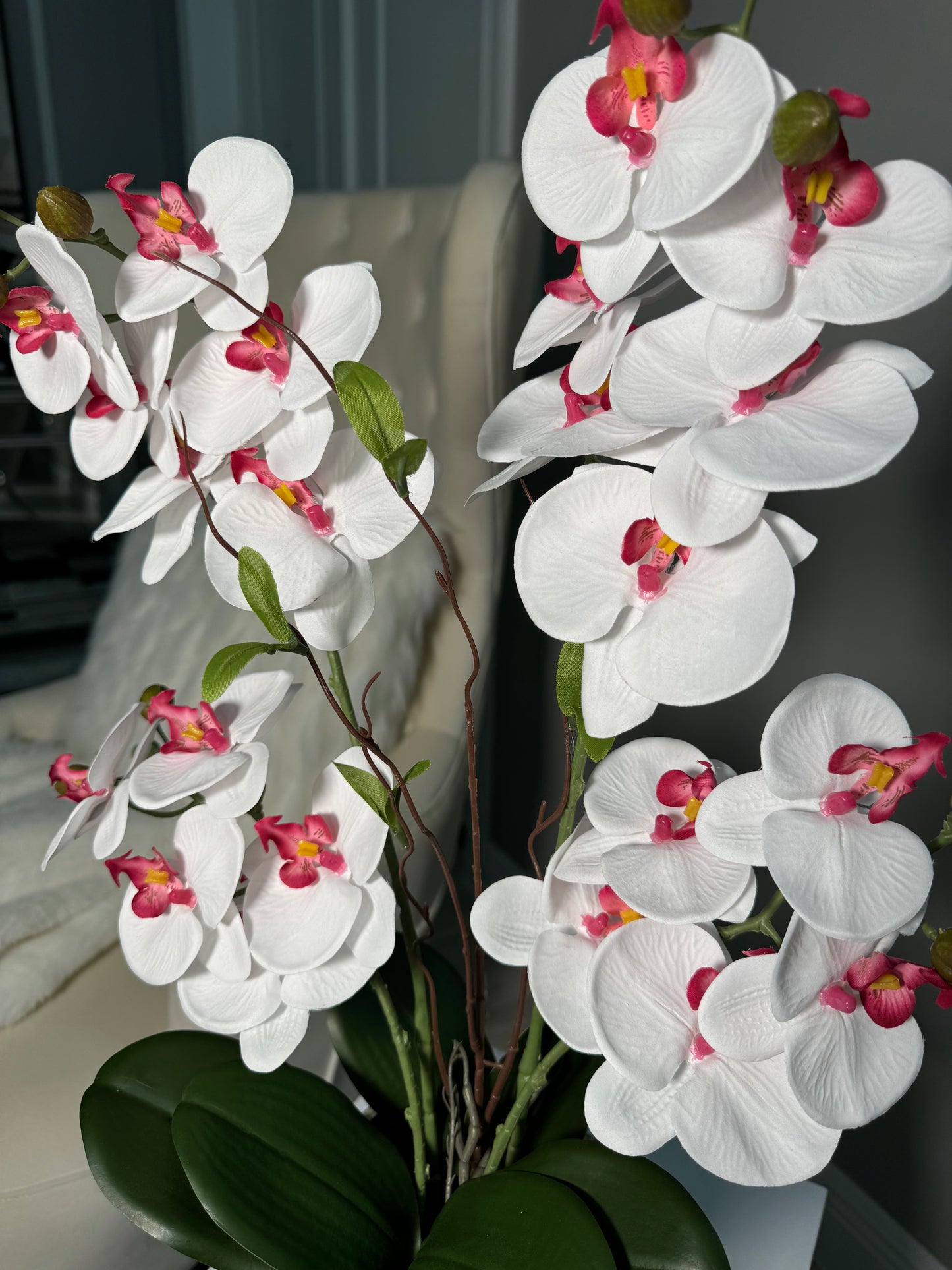 White Pink Silk Phalaenopsis Orchid Arrangement in Silver Hammered Vase