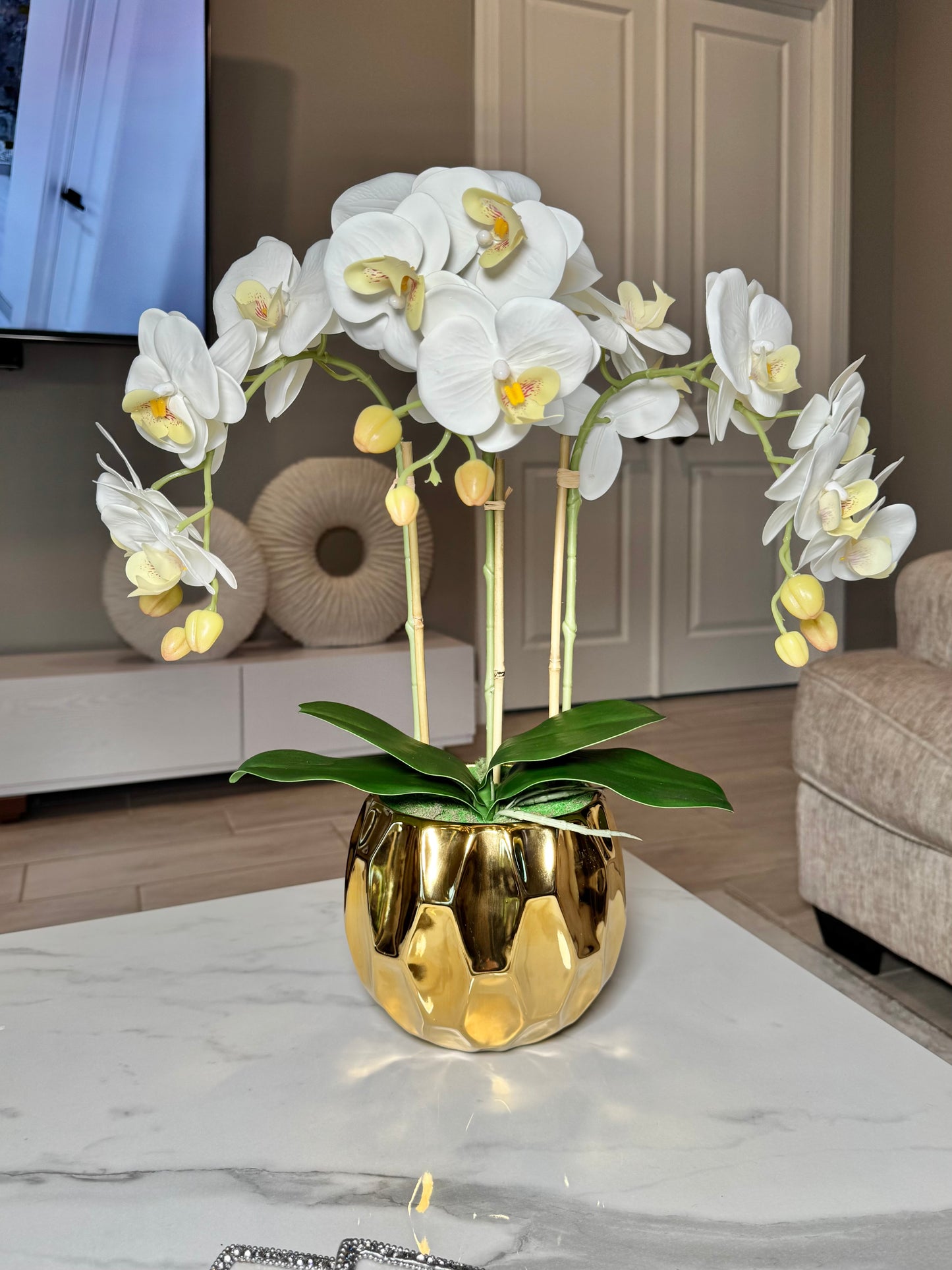 Amira Large Real Touch Phalaenopsis Orchid Floral Arrangement in Round Ribbed Gold Vase