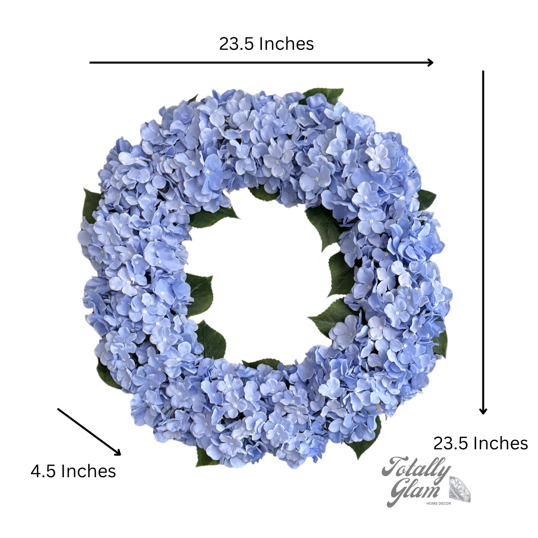 23 inch UV resistant hydrangea wreath
silk hydrangea wreath with 16 flower heads
luxury all-season floral door wreath
realistic blue hydrangea grapevine wreath
artificial blue wreath for door
large UV resistant front door wreath
elegant hydrangea wreath for porch
handmade silk floral wreath
weatherproof flower wreath
faux hydrangea wreath on grapevine base