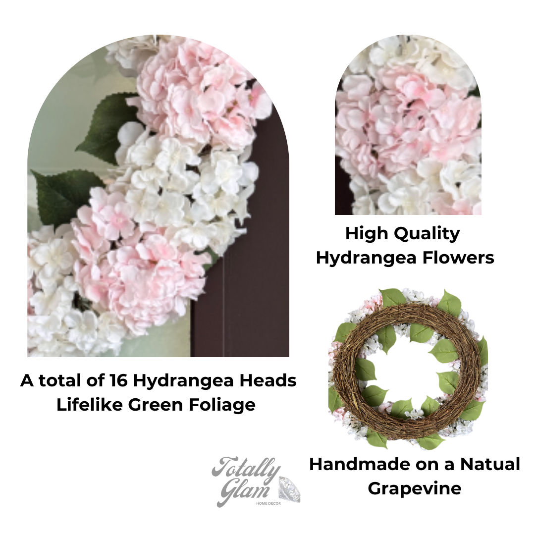 23 inch UV resistant hydrangea wreath
white and pink artificial floral wreath
handmade pink and white hydrangea wreath
large silk flower wreath for patio door
front door hydrangea wreath for summer
realistic 16-flower head wreath
outdoor silk wreath with natural base
hydrangea floral wreath with grapevine
pink and white silk wreath for exterior door
luxury floral wreath with hydrangea blooms