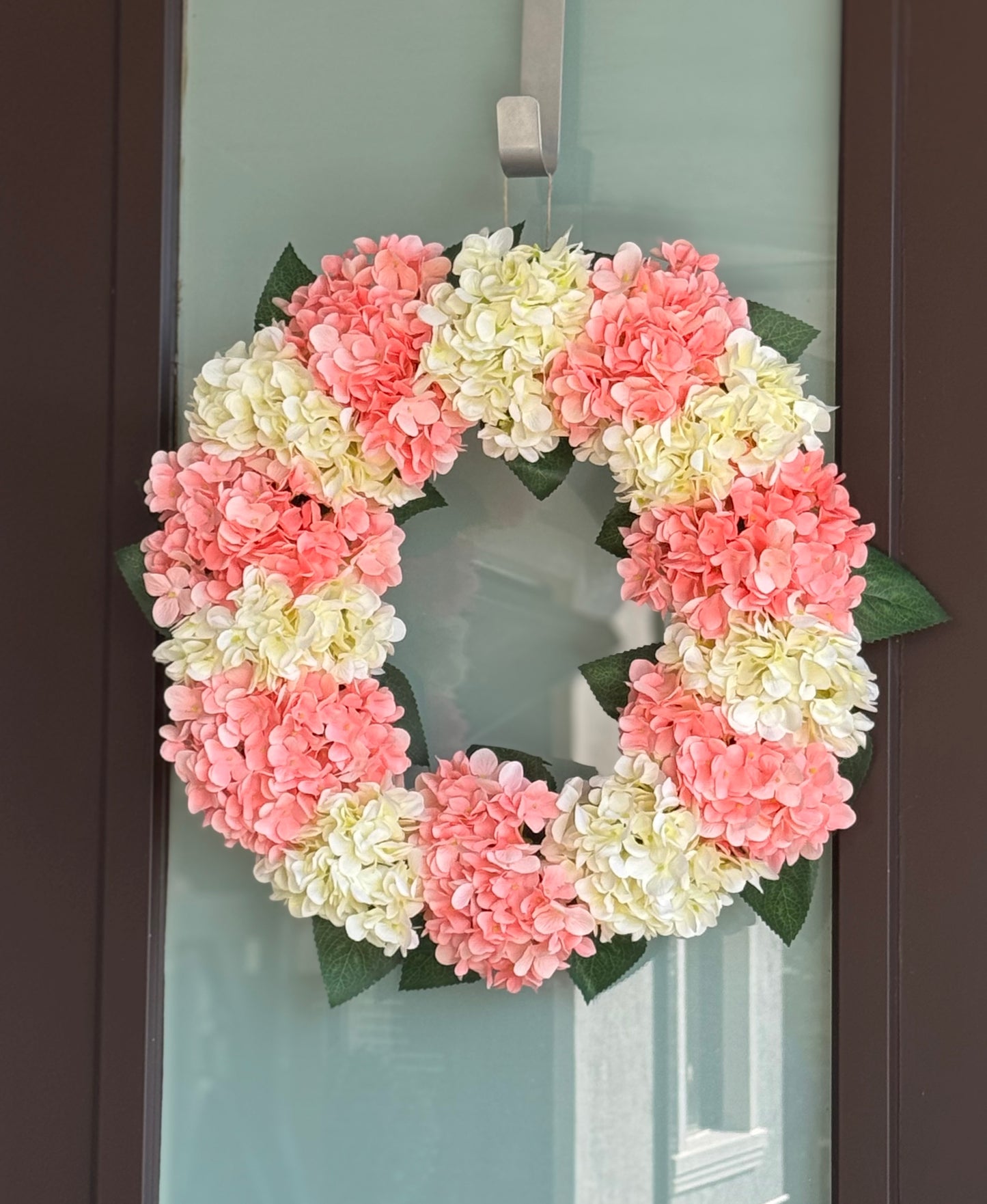 artificial flower ring
faux hydrangea flower wreath
silk floral door wreath
spring wreath gift idea
pink flower wreath for her
housewarming gift wreath
wreath for spring celebration
wreath for baby shower
pink cream wedding decor wreath
peach white floral gift wreath
