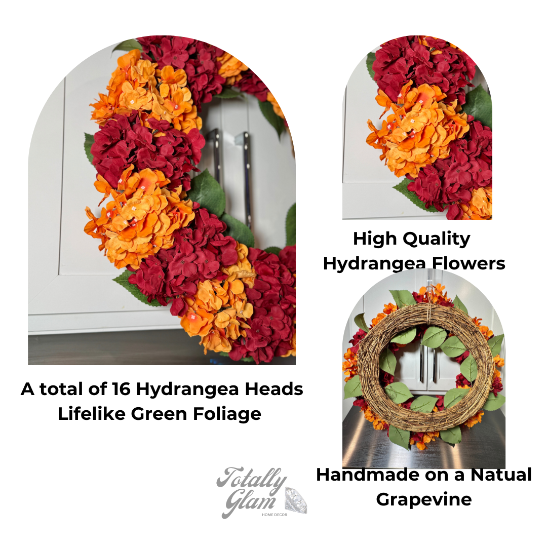 Capri Fall Autumn Hydrangea Wreath Orange Burgundy Red Artificial Flowers 23'' Halloween Seasonal Decor
