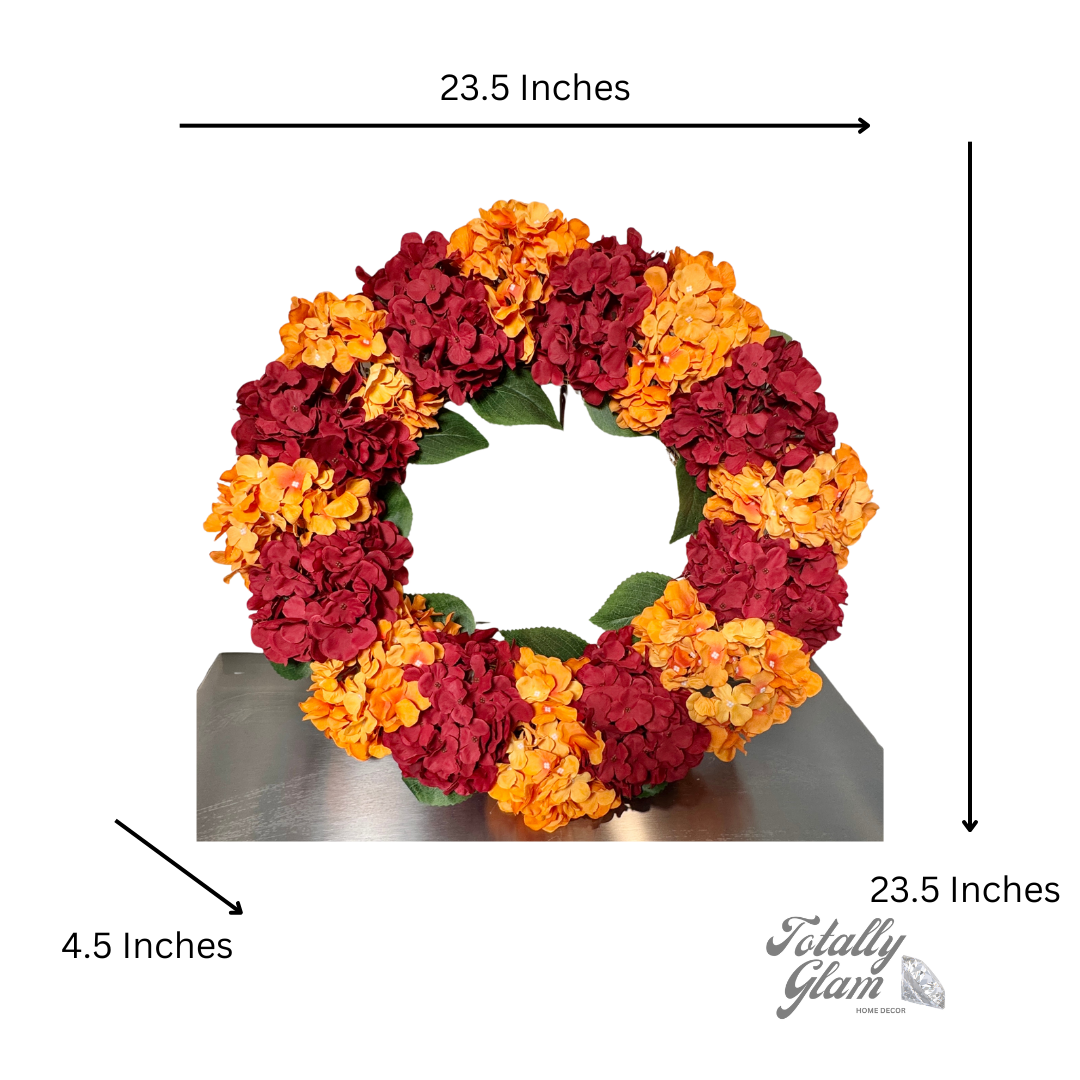 Capri Fall Autumn Hydrangea Wreath Orange Burgundy Red Artificial Flowers 23'' Halloween Seasonal Decor