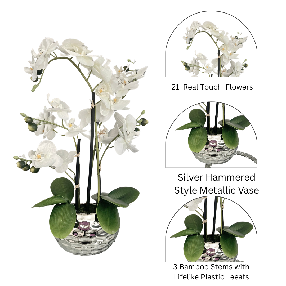 orchid gift for Mother's Day
white orchid decor gift
housewarming faux orchid gift
artificial orchid gift for her
sympathy gift orchid arrangement
orchid centerpiece gift for holidays
luxury floral gift in silver pot
resin flower gift idea
birthday gift white orchid
desk orchid gift plant