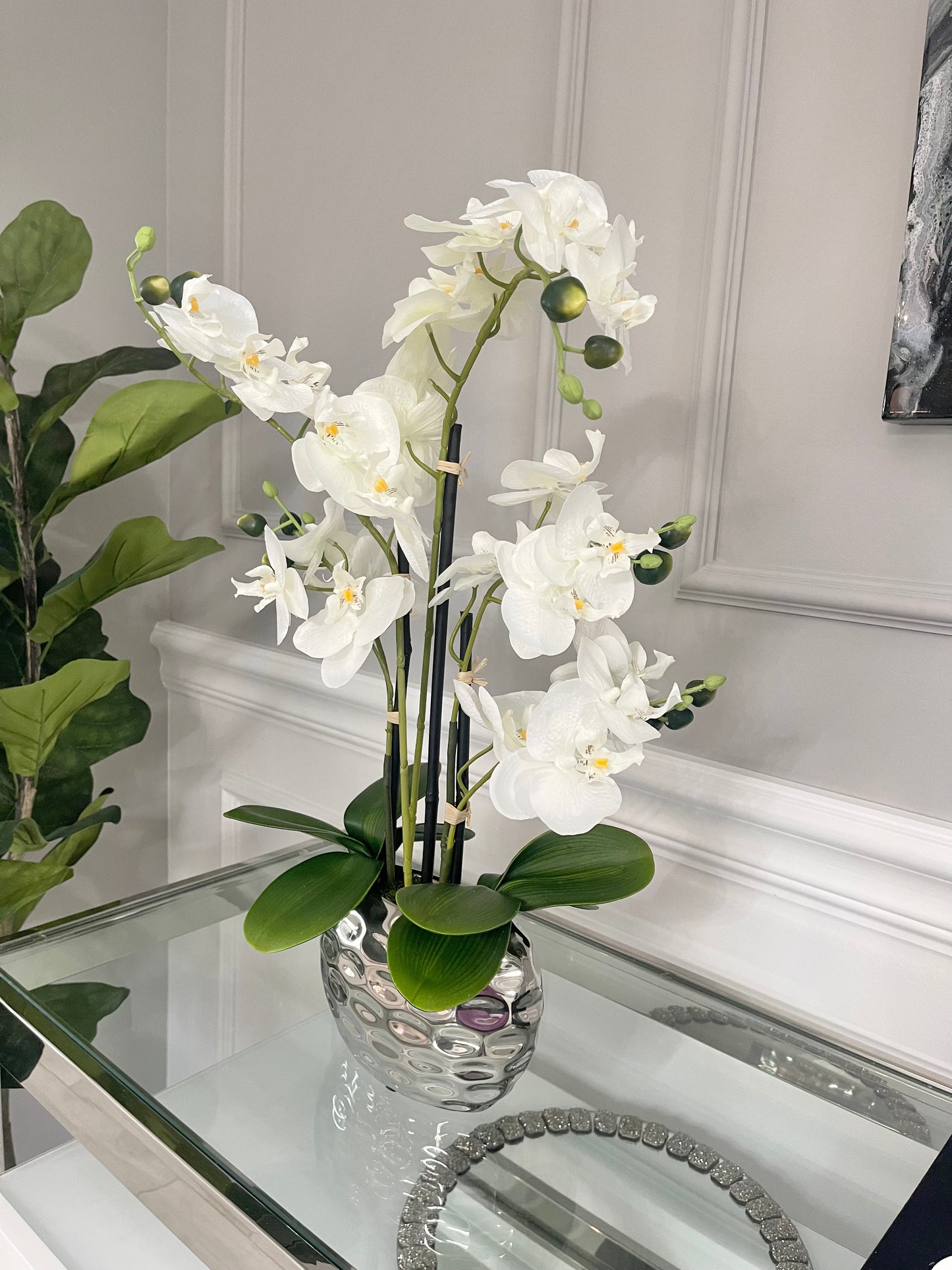 orchid in silver pot
resin orchid floral arrangement
faux flower in resin base
silver planter orchid arrangement
23" orchid in silver vase
orchid in decorative silver pot
artificial orchid in ceramic pot
orchid decor in metallic vase
silver pot faux flower centerpiece
decorative resin orchid pot
