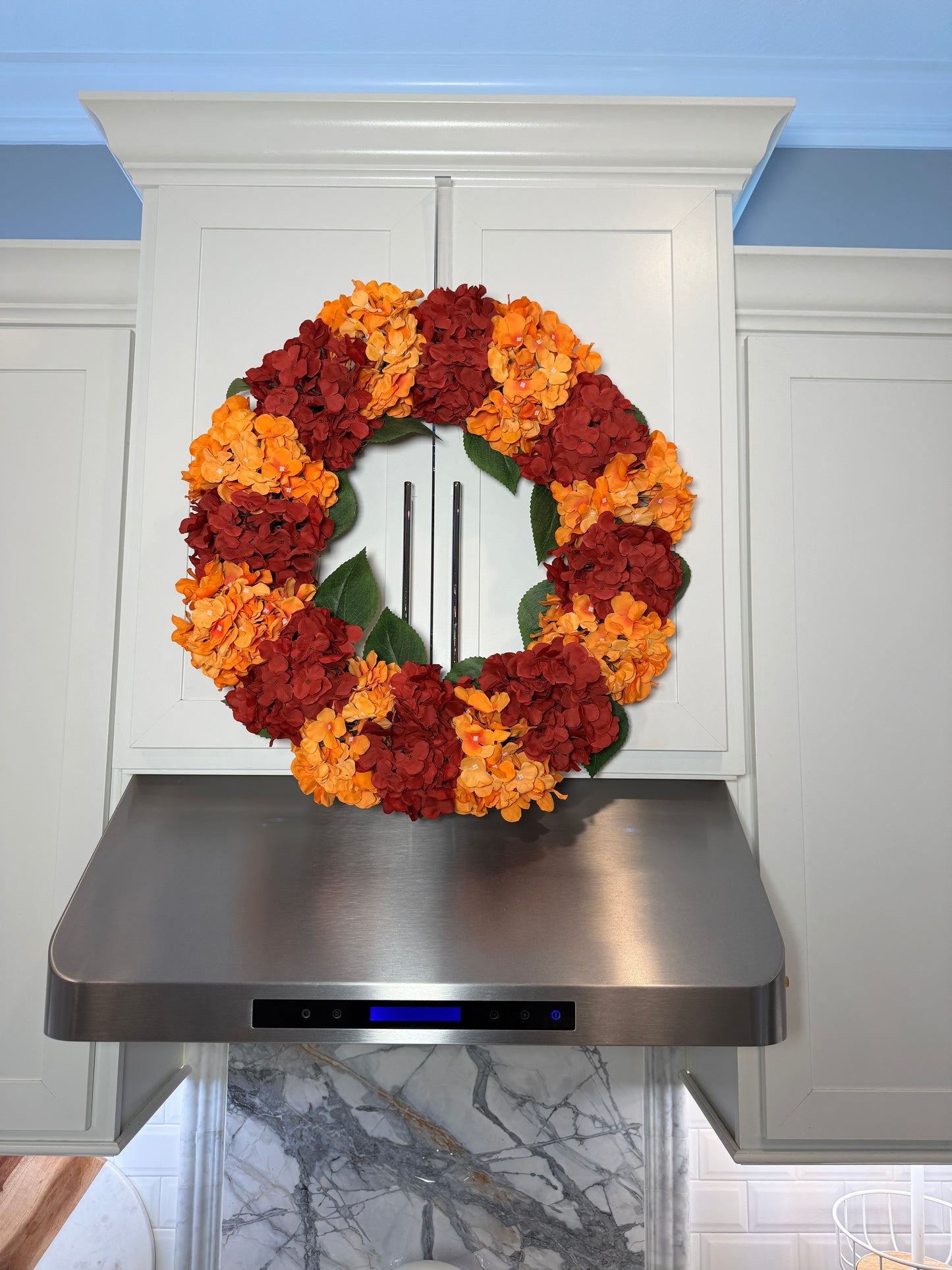 Capri Fall Autumn Hydrangea Wreath Orange Burgundy Red Artificial Flowers 23'' Halloween Seasonal Decor