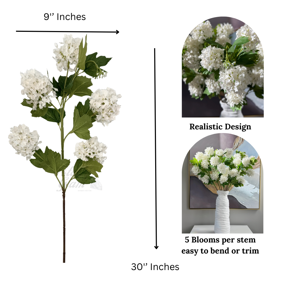 Evie Faux Snowball Hydrangea Spray, 30” White Artificial Flower Stems Set of 3 Realistic Silk Floral Decor