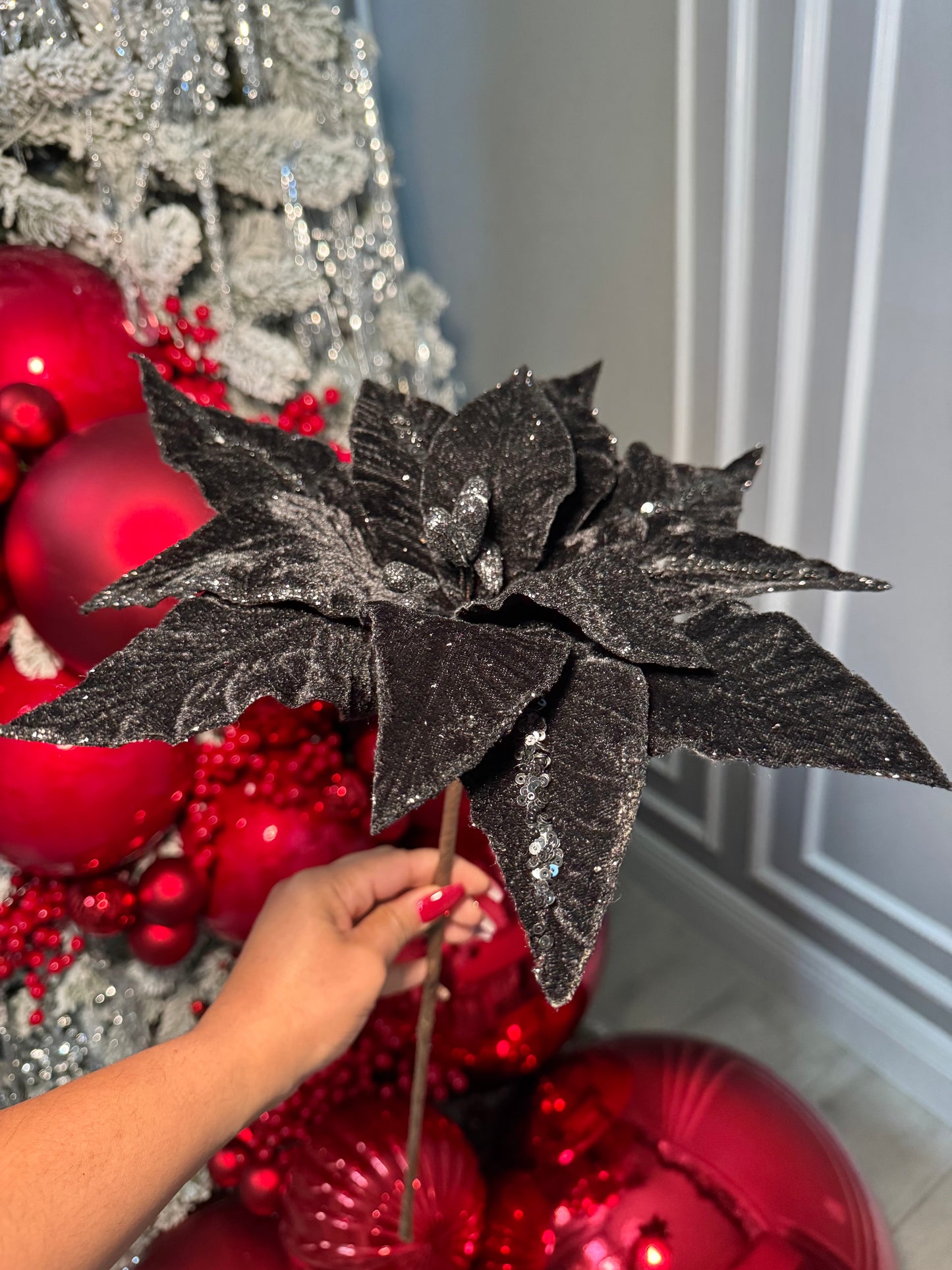 Elegant Black Velvet Glitter Poinsettia Flower 14'' set of 3 Christmas Flower