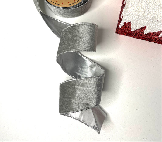 2.5" x 10 yards wired ribbon
double sided wired ribbon roll
grey silver holiday ribbon
decorative wired ribbon
silver ribbon for gift wrapping
dual color wired ribbon
silver and grey bow ribbon
ribbon for wreath making
luxury craft ribbon
wired ribbon for DIY crafts