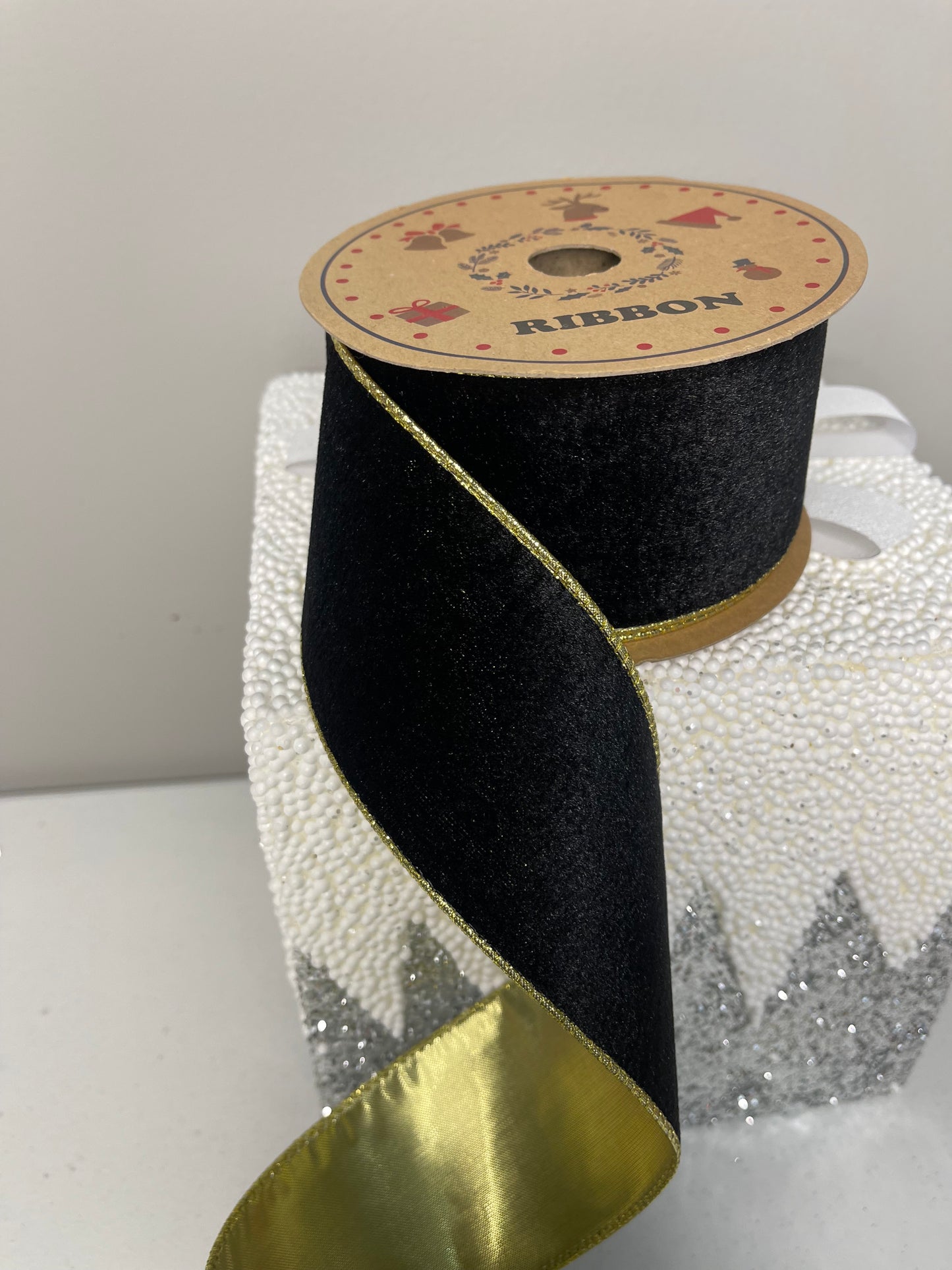 Black and Sheer Gold Wired Ribbon double sided 2.5" x 10 Yards