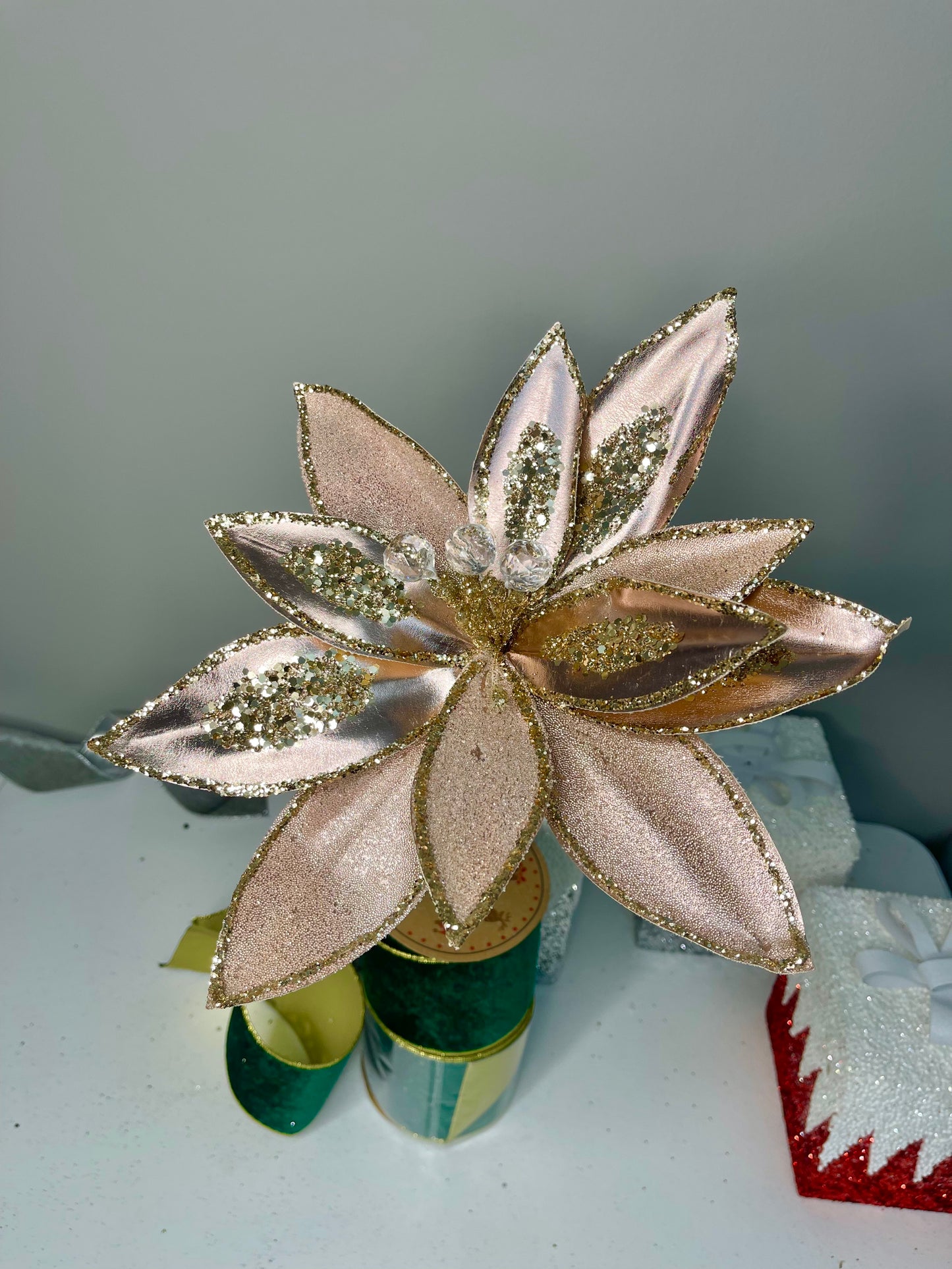 Elegant Rose Gold Poinsettia with Crystals and Glitter 12''