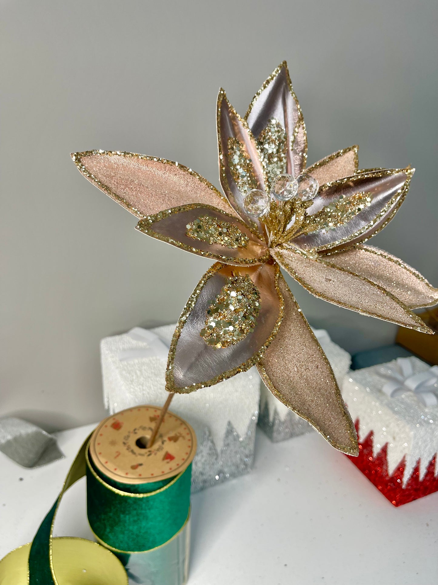 Elegant Rose Gold Poinsettia with Crystals and Glitter 12''