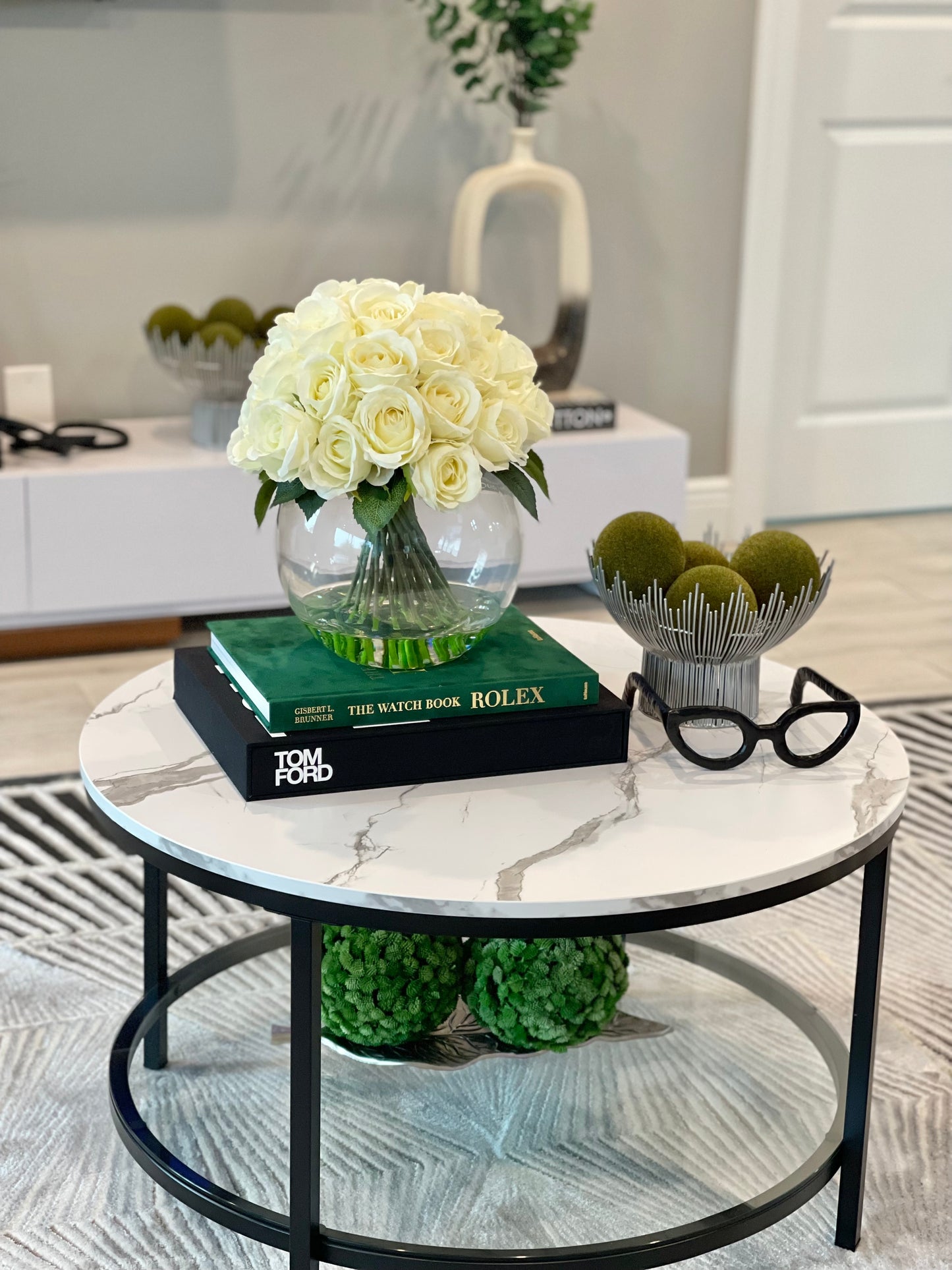 Faux Composed White Roses in Round Vase