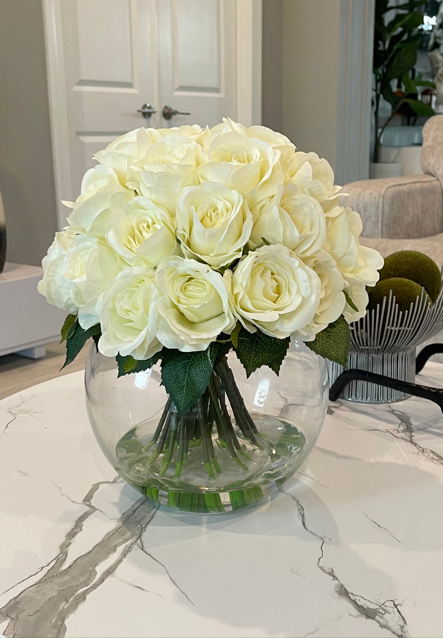 Faux Composed White Roses in Round Vase