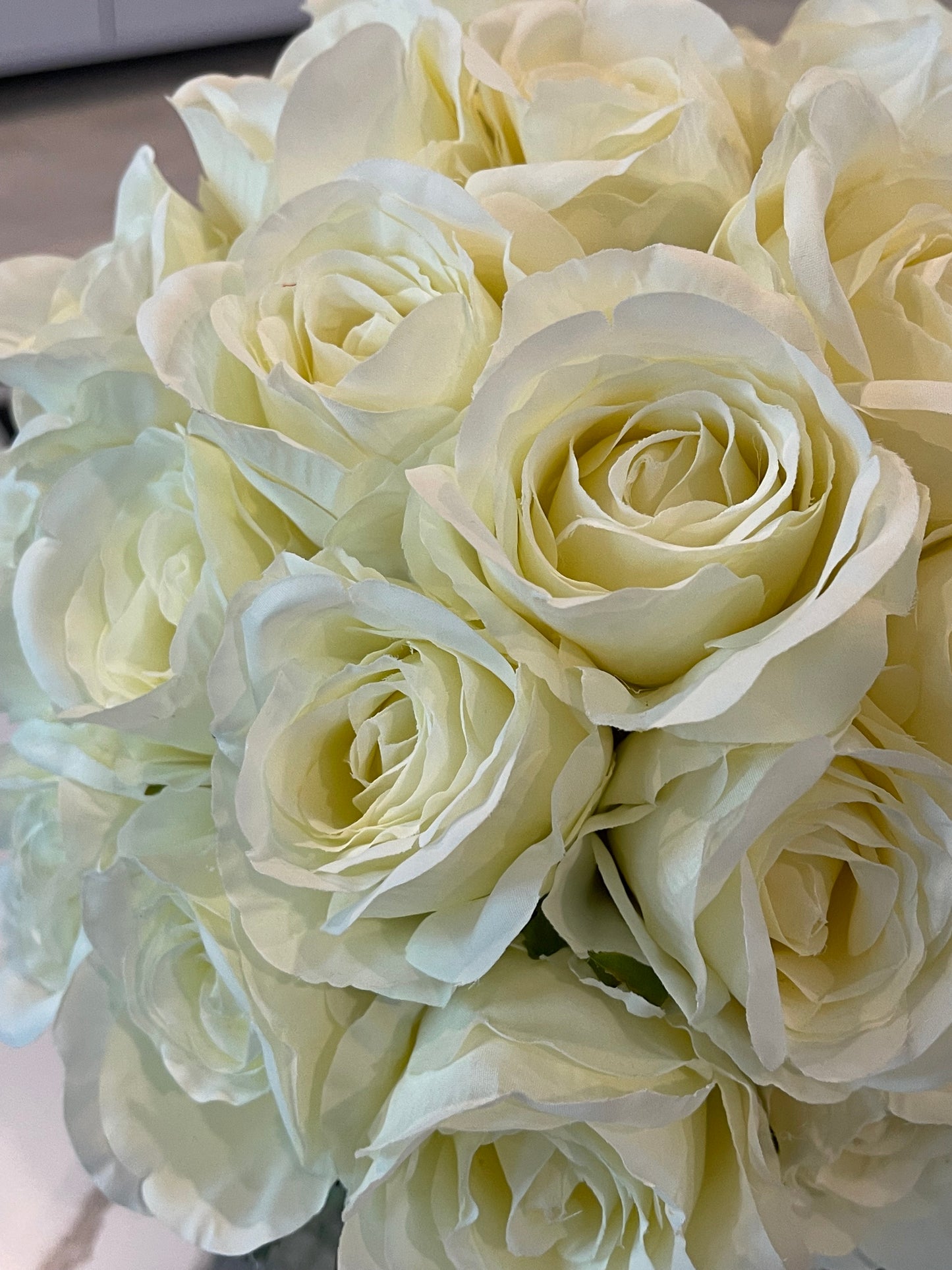 Faux Composed White Roses in Round Vase