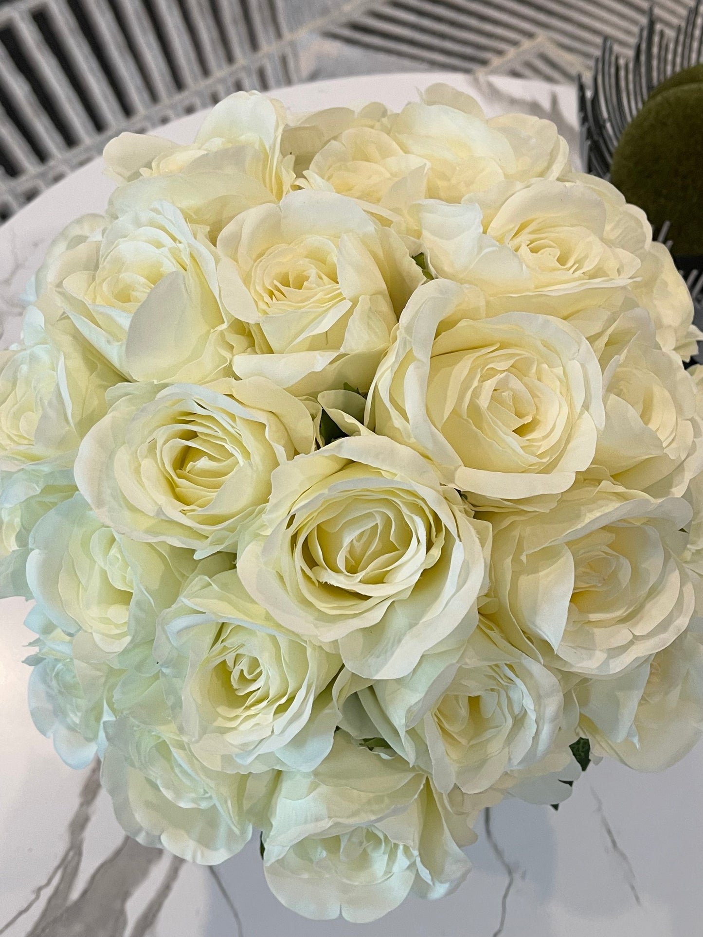 Faux Composed White Roses in Round Vase