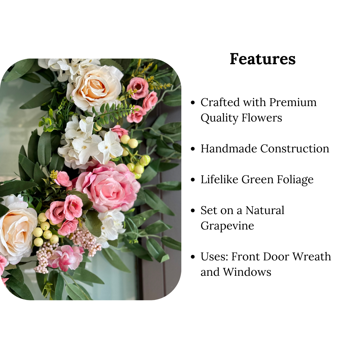 spring floral wreath
summer door wreath
fall rose wreath
winter indoor wreath
year-round pink wreath
holiday floral door wreath
seasonal flower wreath
seasonal beech leaf wreath
neutral floral wreath decor
evergreen rose wreath