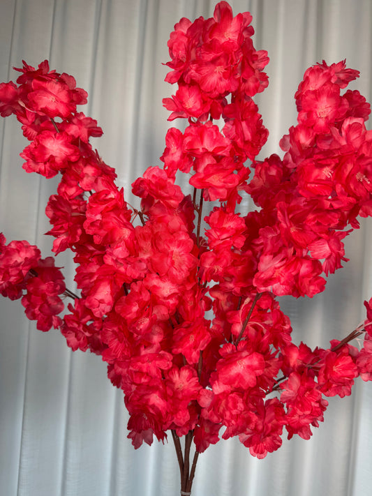 faux flowers for home decor
silk flowers for vase arrangement
cherry blossom centerpiece
red faux floral stems
decorative cherry blossom twigs
artificial flowers for living room
flower stems for home styling
bold floral home accents
red and fuchsia home decor
statement floral arrangements