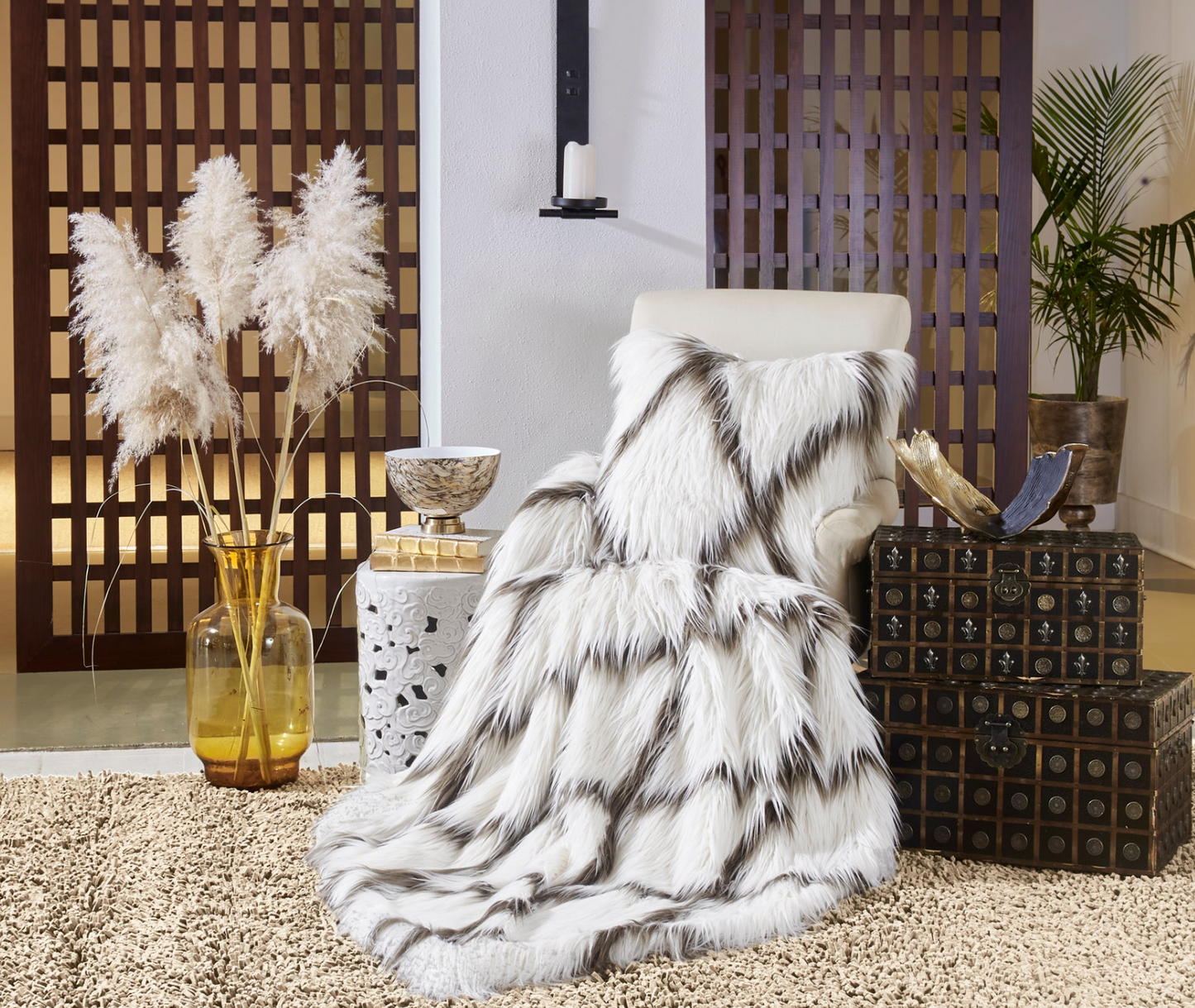 Alaska Ivory Brown Faux Fur Throw Blanket