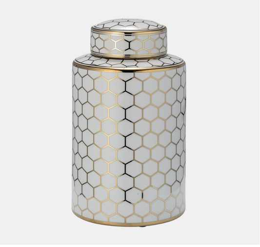 16" Modern Jar Vase, Gold & White Honeycomb Ceramic Decor