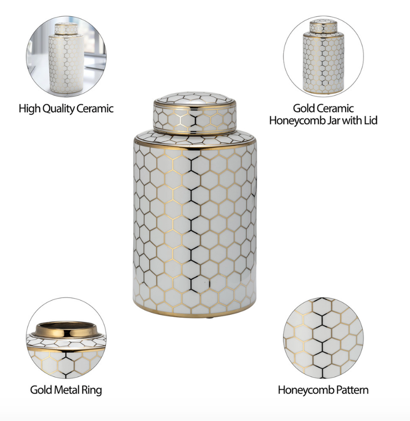16" Modern Jar Vase, Gold & White Honeycomb Ceramic Decor
