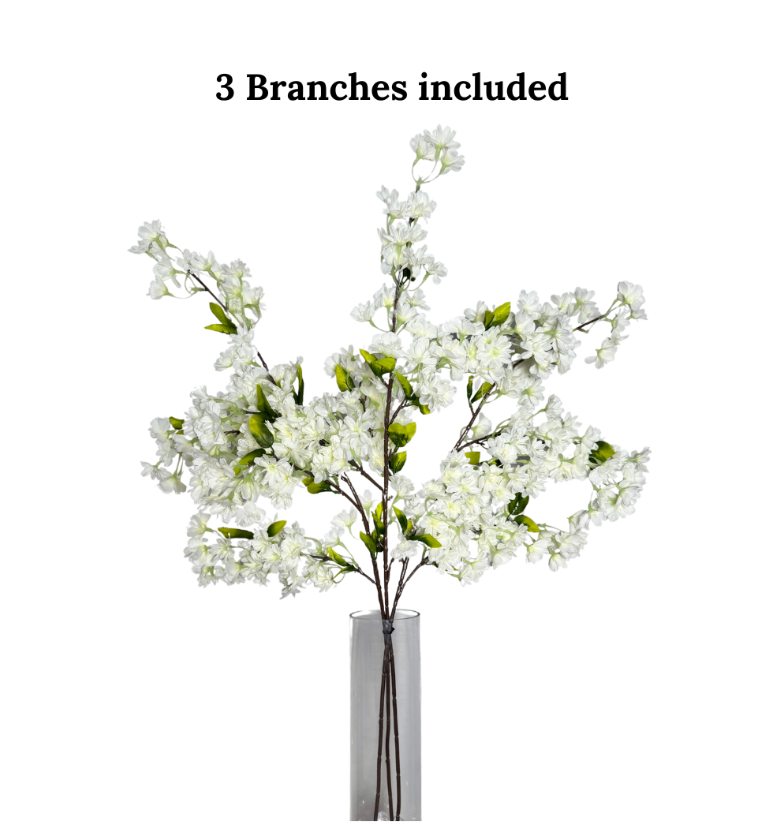 Japan M White Cream Silk Cherry Blossom Flower Branches 40” Tall, Set of 3, Realistic Faux Floral Stems for Wedding, Event, Home Decor