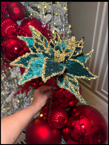 Green and Gold Glittered Poinsettia Christmas Flower Stem Spray 13'' Set of 3