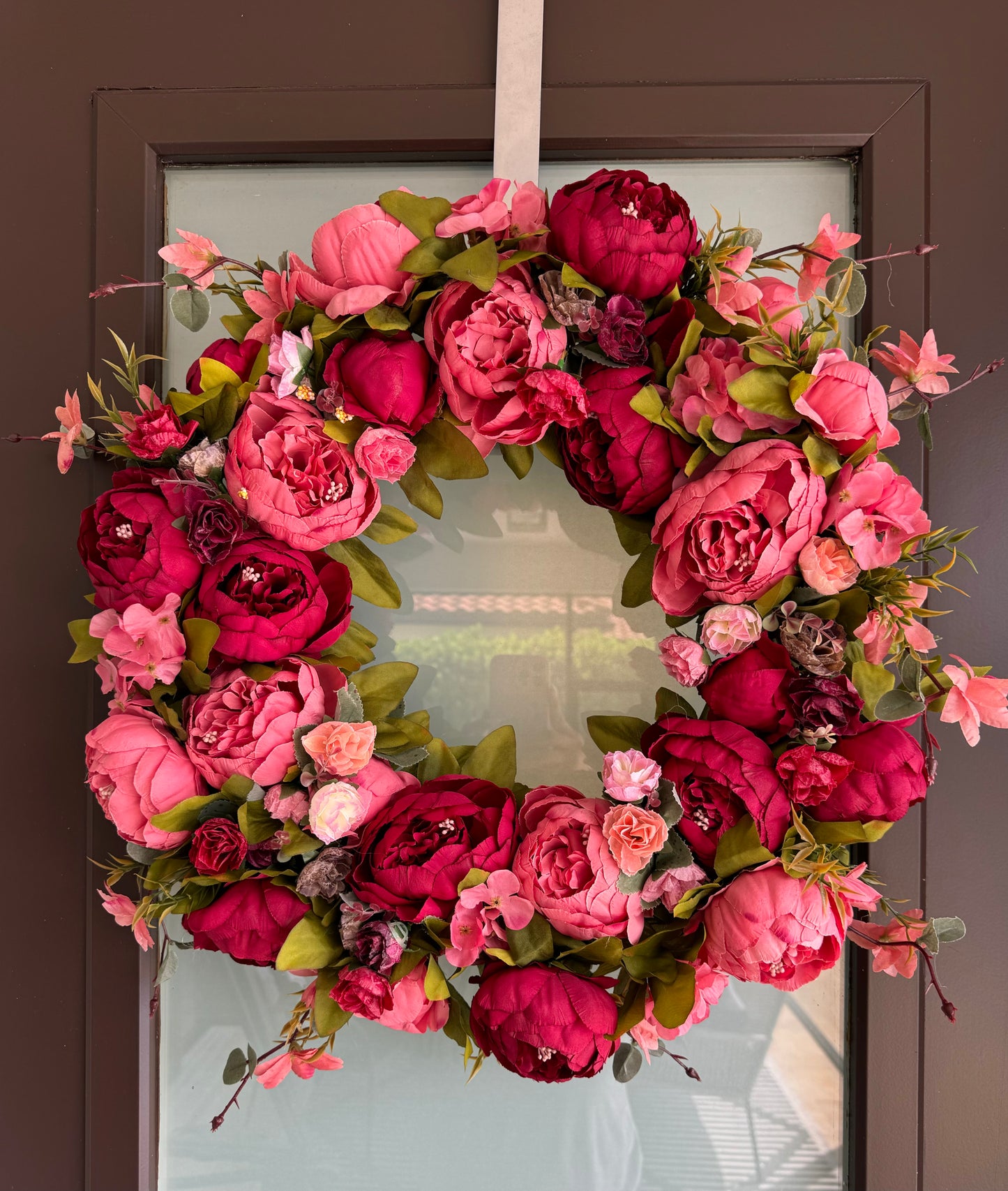Zoey Large Burgundy Red Peachy Pink Faux Peony Flower Wreath 23" All Season