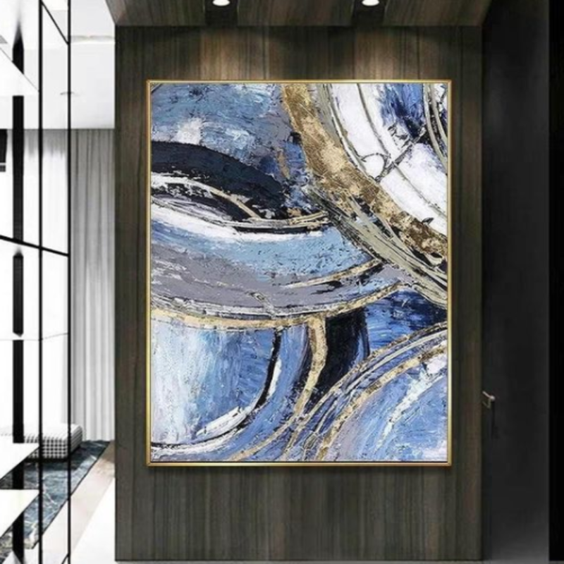 blue and gold abstract hand painted wall art