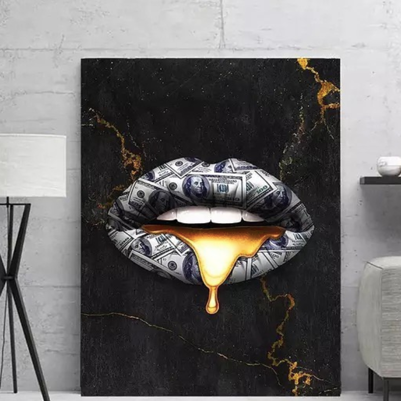 lip wall art black and gold