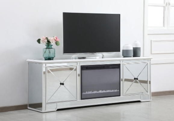 Riley Modern Mirrored TV Stand with Crystal Fireplace in Antique White