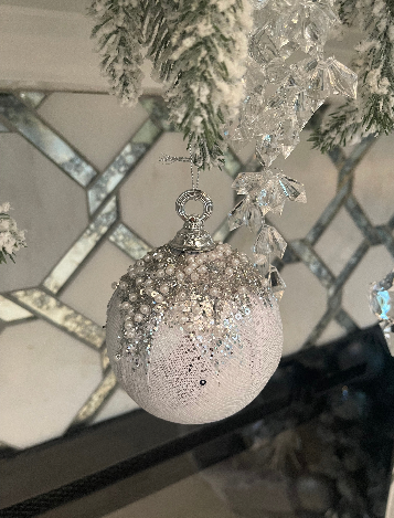 Silver & White Beaded Round Ornaments, 4 inch, Set of 24