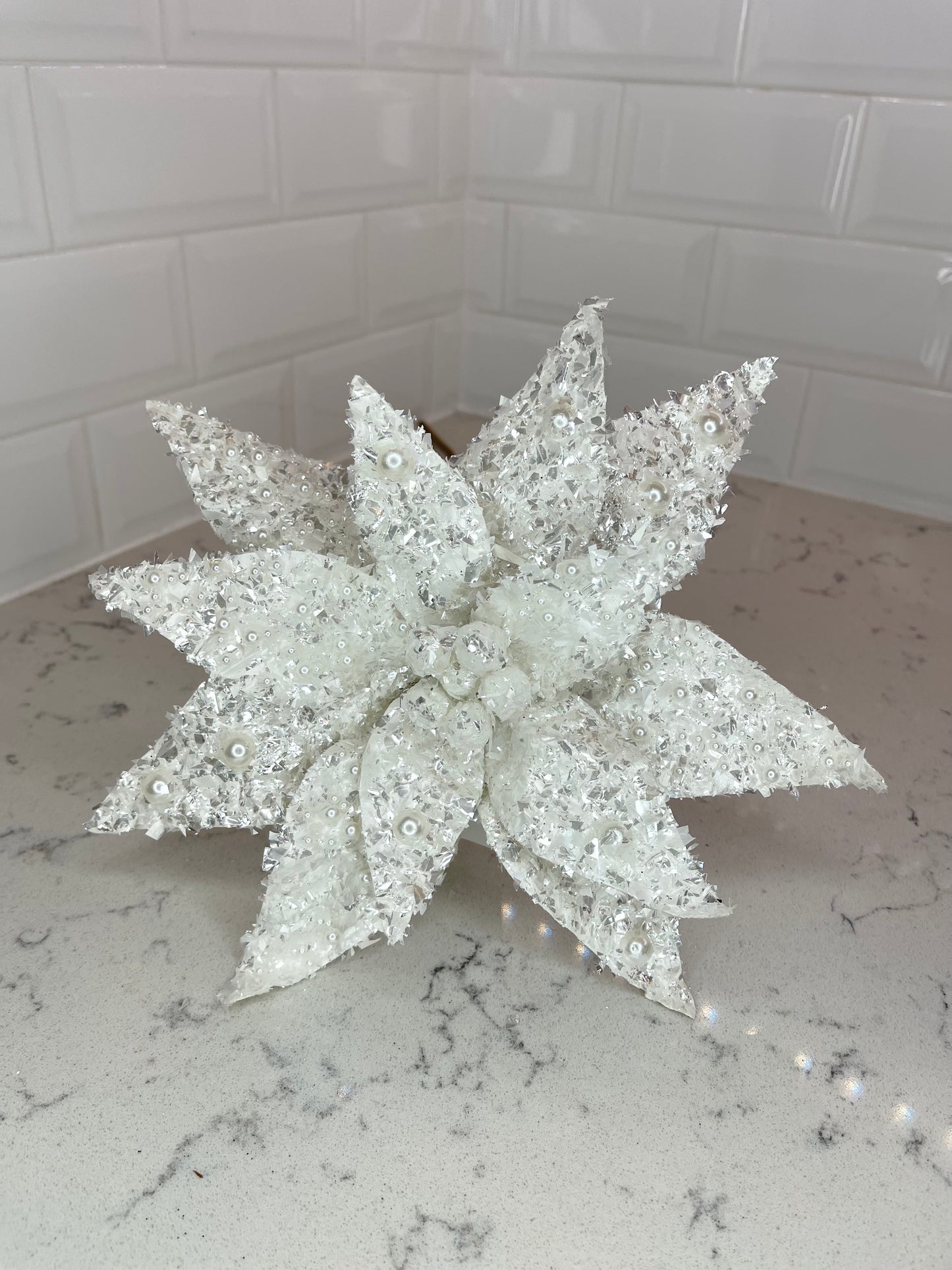 Frosted White Poinsettia with Glitter 9''