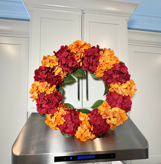 Capri Orange Burgundy Fall Hydrangea Flowers Artificial Halloween Floral Stems for Home, Wedding & Seasonal Decor