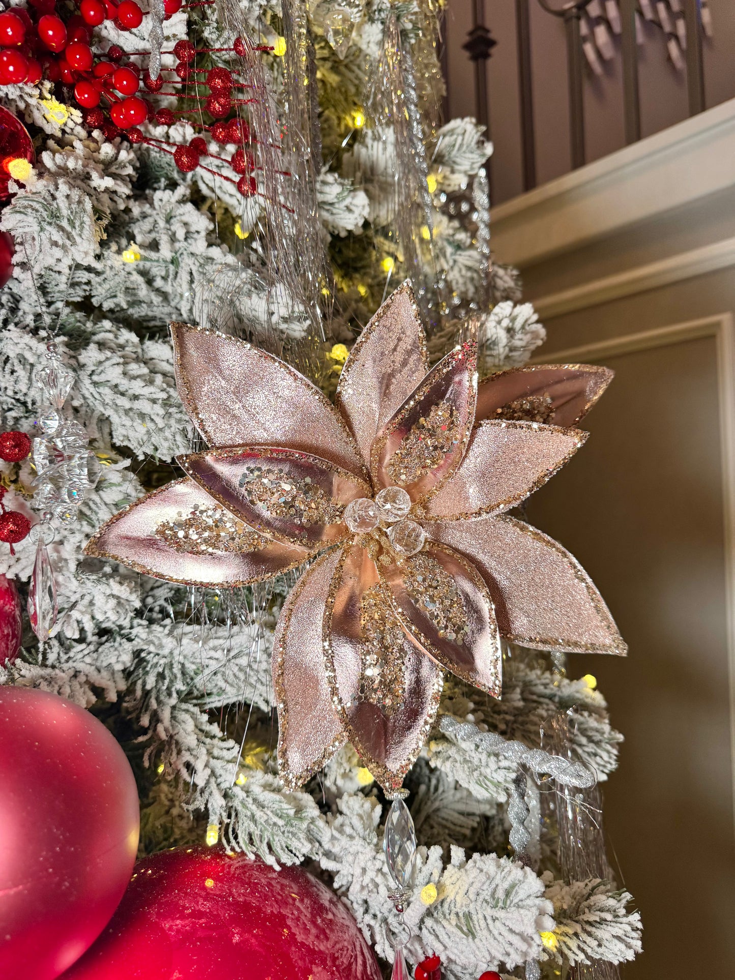 Elegant Rose Gold  Poinsettia with Crystals and Glitter 12'' Set of 2