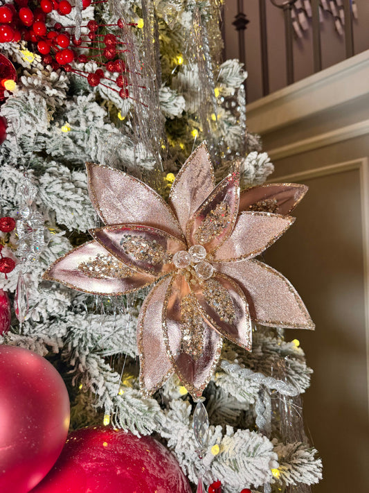 Elegant Rose Gold  Poinsettia with Crystals and Glitter 12'' Set of 2