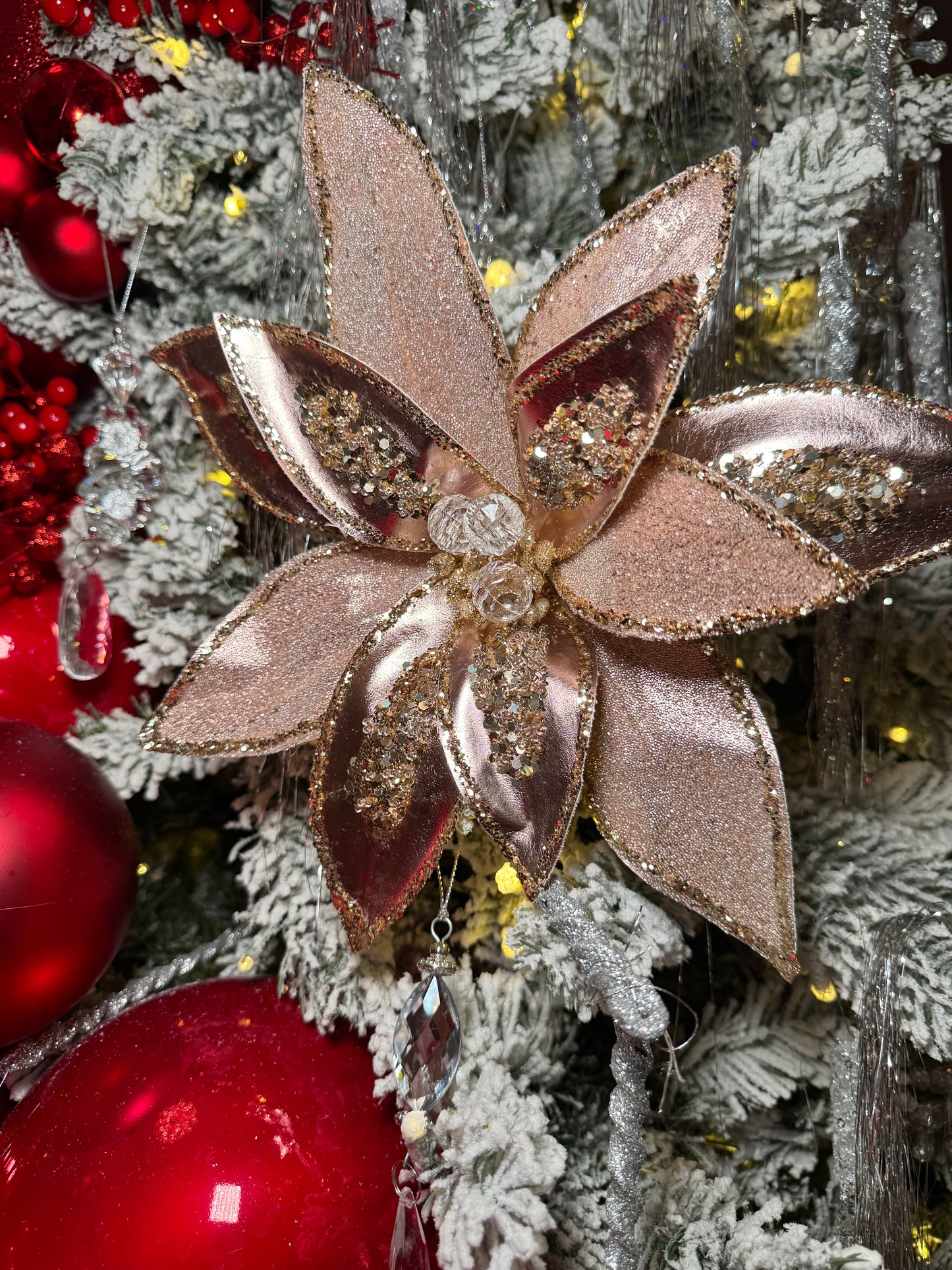 Elegant Rose Gold  Poinsettia with Crystals and Glitter 12'' Set of 2