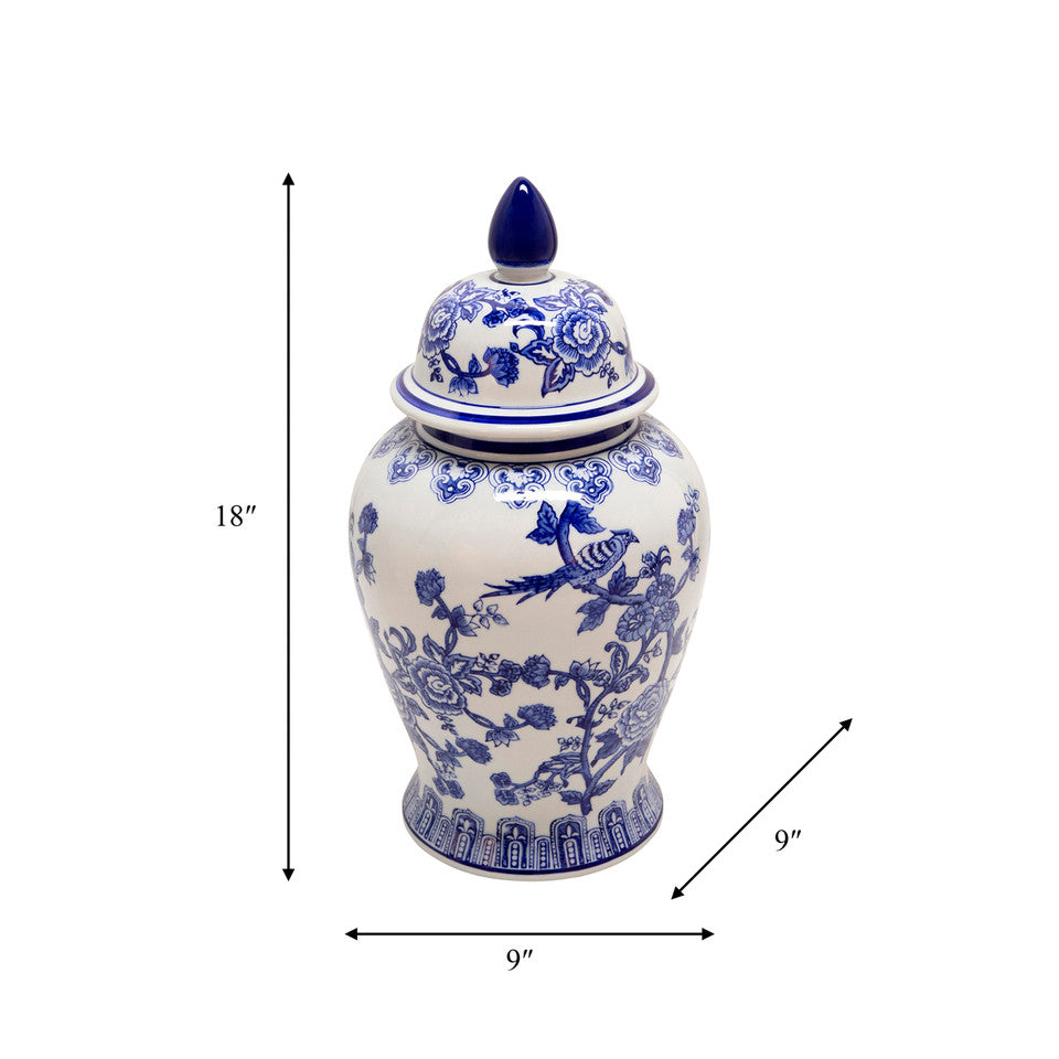 18" Temple Jar Bird/flower, Blue