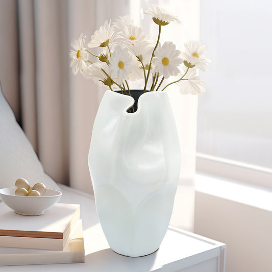 Cer, 14"h Abstract Vase, White