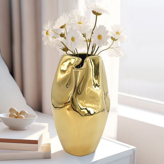 Cer, 14"h Abstract Vase, Gold