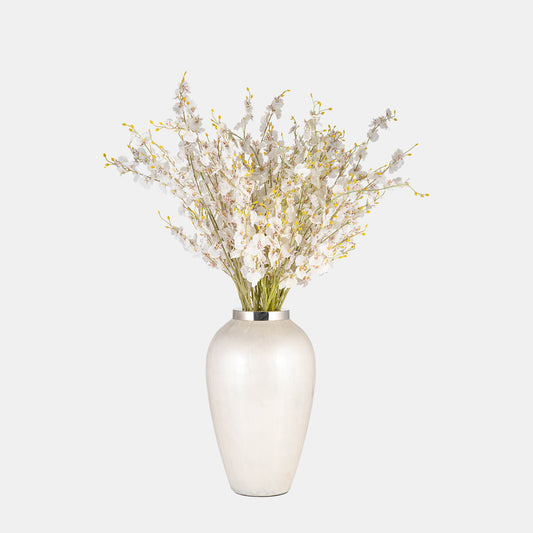 Glass, 17"h Vase W/ Metal Ring, Pearl