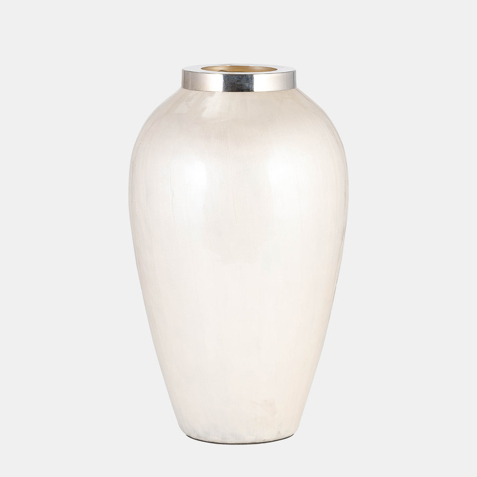 Glass, 17"h Vase W/ Metal Ring, Pearl