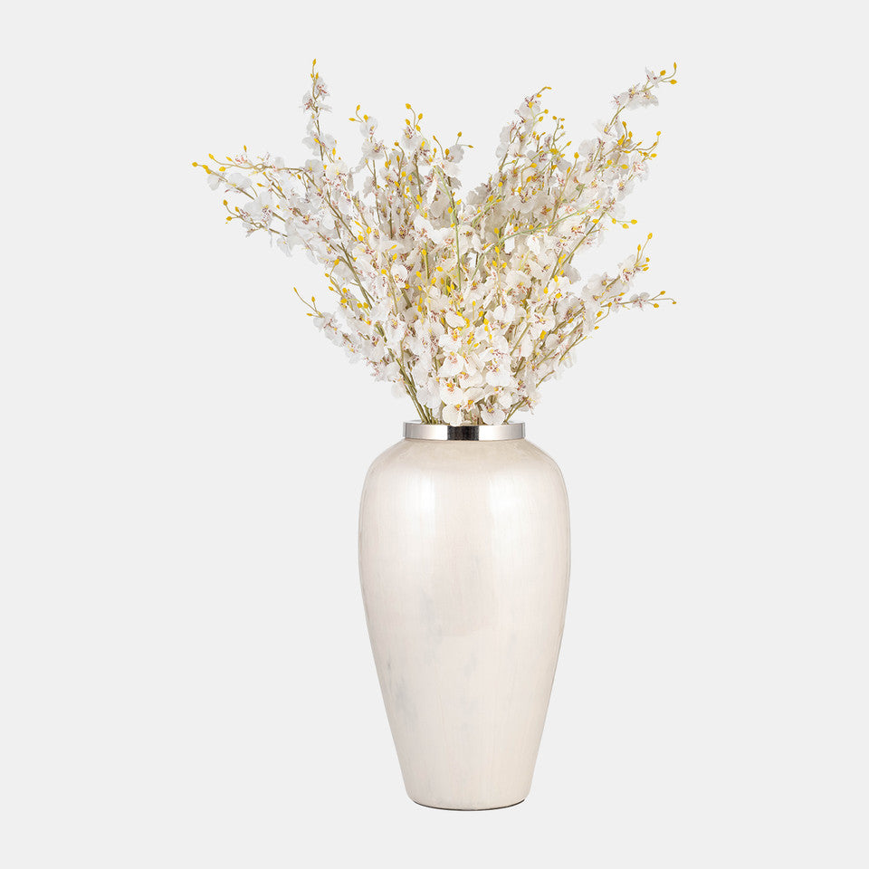 Glass, 20"h Vase W/ Metal Ring, Pearl