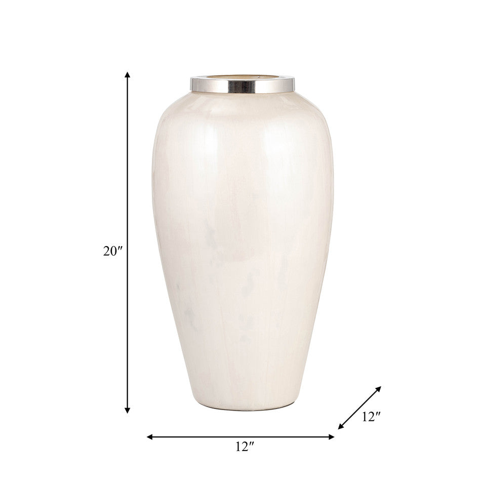 Glass, 20"h Vase W/ Metal Ring, Pearl