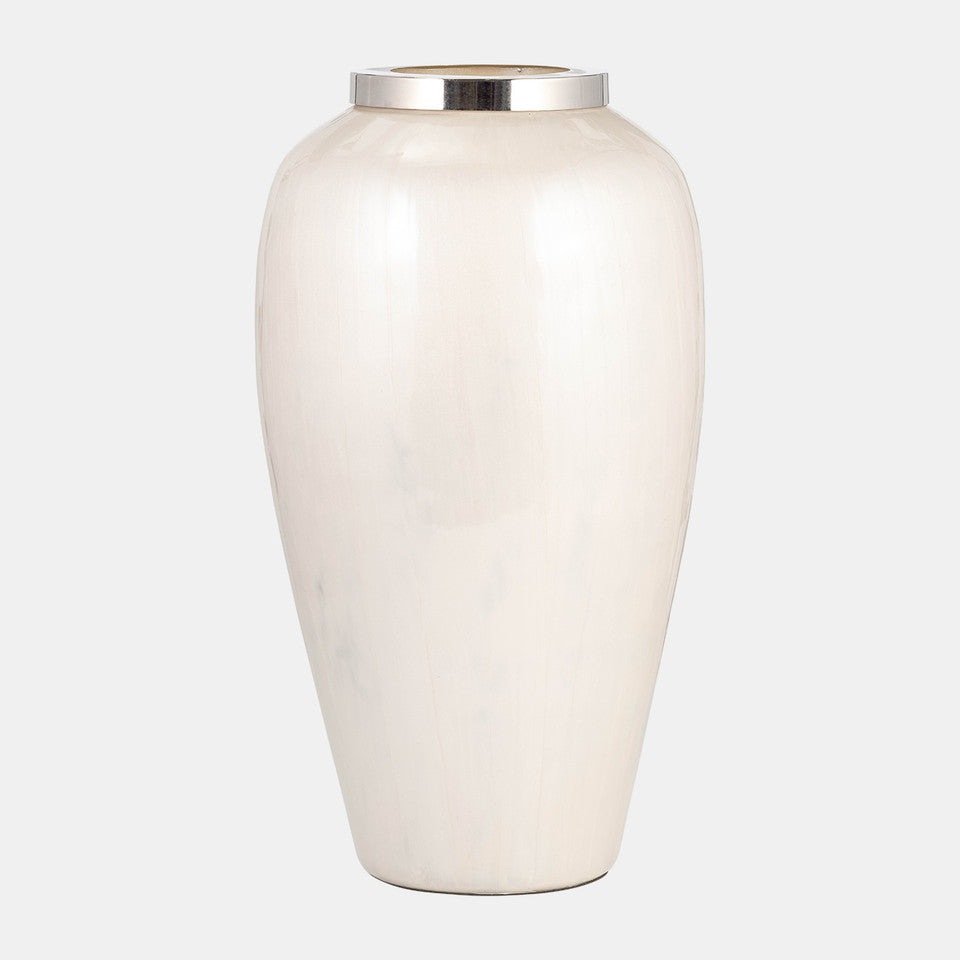 Glass, 20"h Vase W/ Metal Ring, Pearl