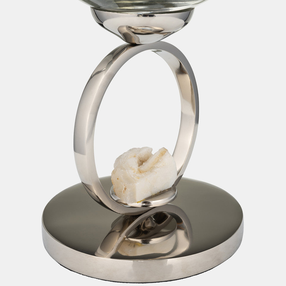Glass, 17" Vase W/ Metal Base Stone Accent, Pearl