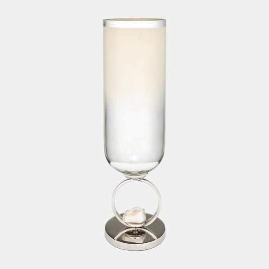 Glass, 21" Vase W/ Metal Base Stone Accent, Pearl