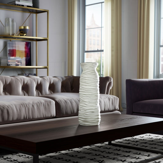 19" Ivory Matte Ceramic Vase – Ribbed Textured Tall Vase for Modern & Minimalist Decor