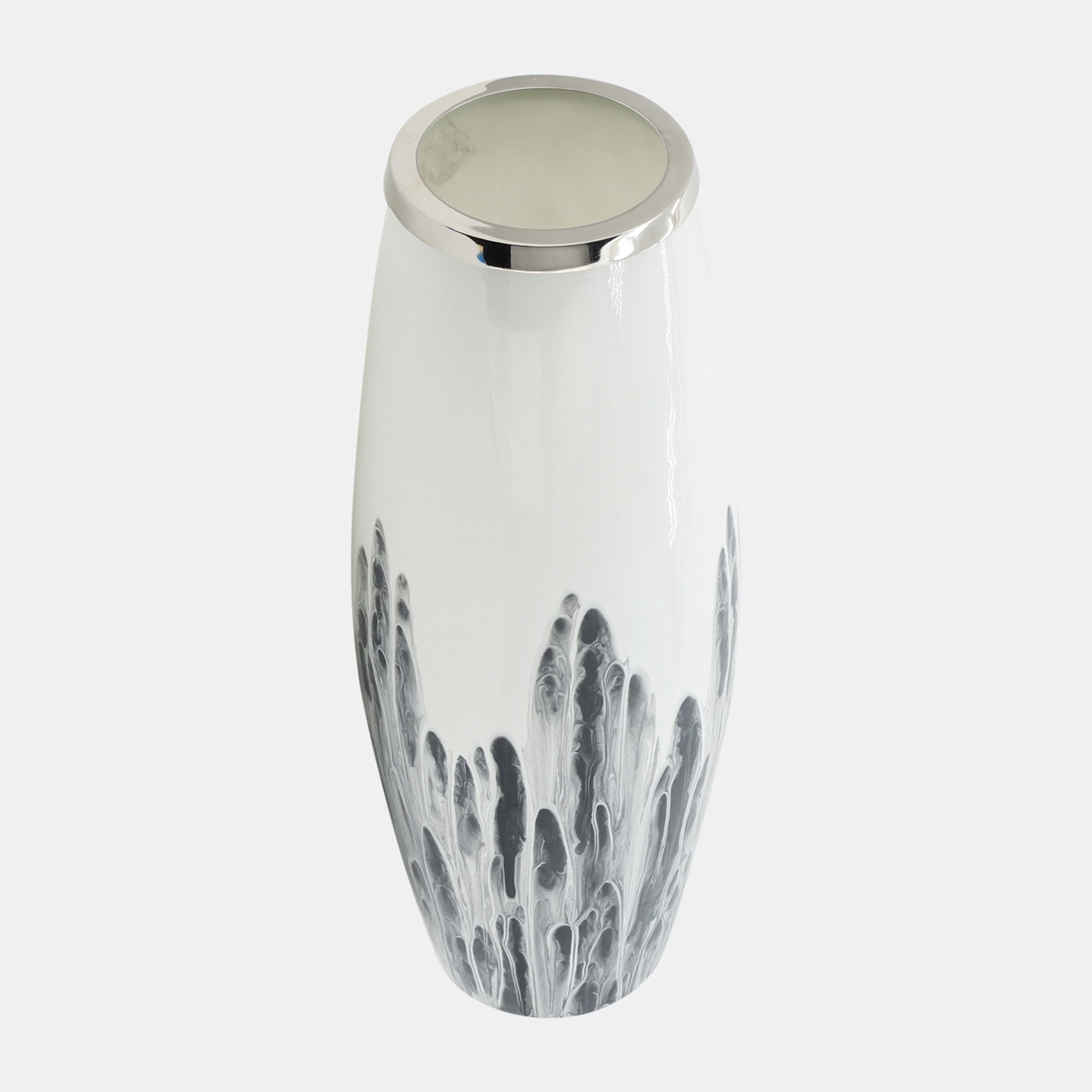 Contemporary glass and metal vase

Minimalist white glass vase

Tall decorative vase with ring

Glass vase with metal detail

Floor standing glass vase

Clear white glass vase modern

Glass vase with metallic accent

Large glass vase for home decor

Statement white vase with metal

White vase with modern metal ring